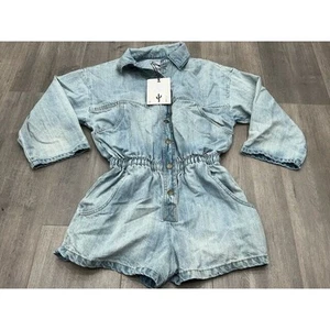 NWT Pistola Denim Luca Romper Ruched Waist 3/4 Sleeve Collared Light Wash Size S - Picture 1 of 7