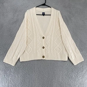GAP Cardigan Sweater Womens Medium Ivory Cable Knit Fisherman Minimalist Capsule - Picture 1 of 11