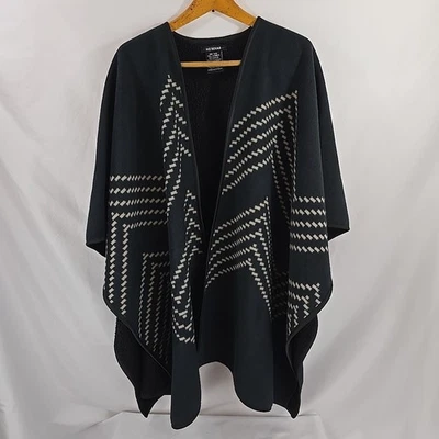 Ike Behar Black Beige Geometric Pattern Women One Size Wrap Poncho Warm - Image 1 of 4