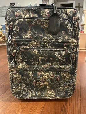 Vintage Atlantic Suitcase Tapestry Green Floral Luggage Telescoping & Wheels 22" - Image 1 of 4
