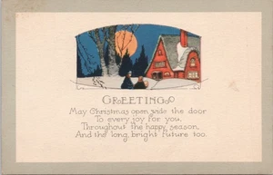 Cartolina d'epoca auguri Natale neve, scena di casa, luna piena - Foto 1 di 2