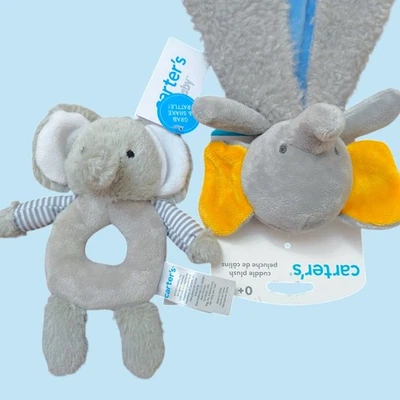Carter's Baby Rattle ELEFANTE Lovey Peluche Juguete Colección Par Set Foto 1 de 4