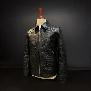 Men's Black Leather Jacket Crocodile Embossed Pattern Alligator Leather Jacket. - Picture 1 of 6