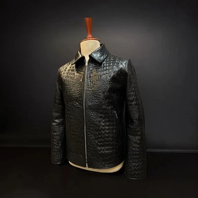 Men's Black Leather Jacket Crocodile Embossed Pattern Alligator Leather Jacket. - Image 1 of 4