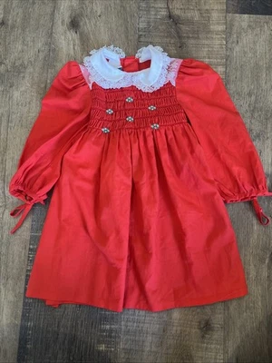 VESTIDO Vintage POLLY FLINDERS Cuello Calado Rojo Blanco Talla 2T Encaje Navidad Foto 1 de 4