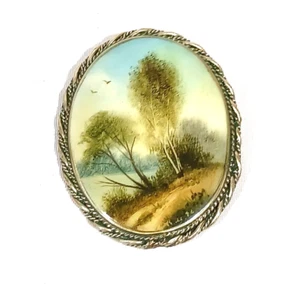Vtg Russian Painted Landscape Trees MOP Oval Pin Brooch Signed KU - Picture 1 of 3