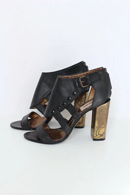 KENZO black leather brass buckle strap zip engraved heel sandals UK7 US10 EU40 — 第 1/4 张图片