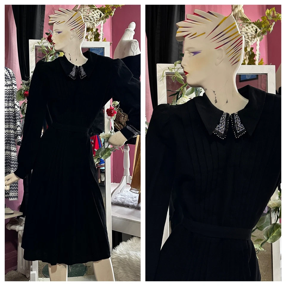 Vestido Art Deco Vintage Anos 30 Preto Lã Frisado Coquetel Veronique de Paris P/M - Imagem 1 de 4