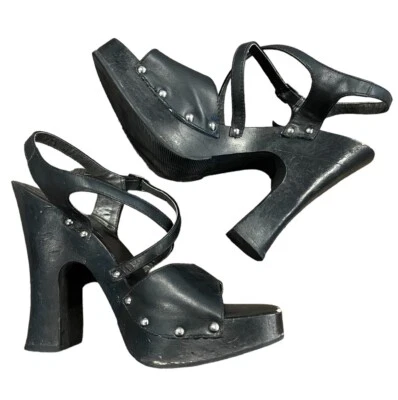 Y2K Chunkie Block Heel Candies 90s Black Wood Leather  Strap Size 7 - Image 1 of 4