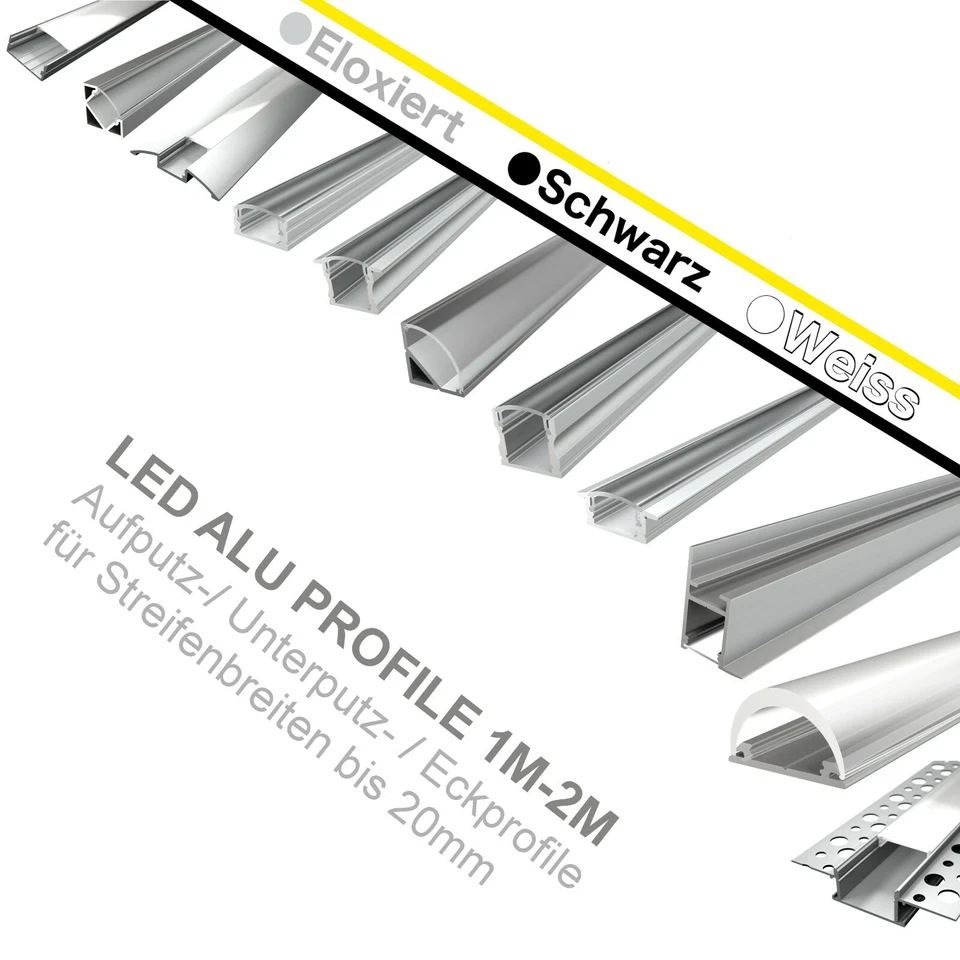 LED Profil Aluprofil Alu Schiene Leiste Profile für LED-Streifen Eloxiert 1m 2m - Bild 1 von 4