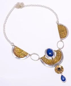 Kyanite - Nepal & Black Onyx 925 Sterling Silver Two Tone Necklace 17.99" A387 - Picture 1 of 1