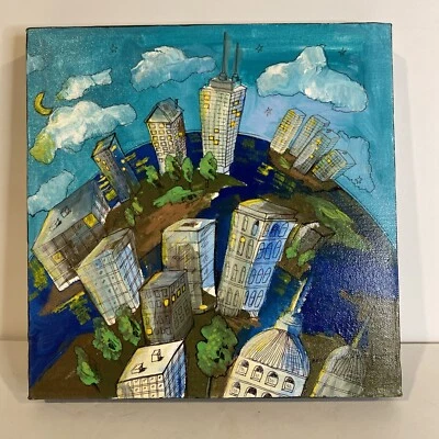 City Scape Acrylic Painting Moonlight In Manhattan Skyline Signed 12x12 - Image 1 of 4