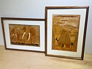 Handmade African Banana Leaf Papyrus Bark Fiber Mixed Media Diptych Elephants - Picture 1 of 16