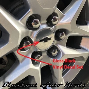 Gloss Black Chevy Traverse Wheel Center Cap Bowtie Emblem Blackout Decal Set - 4 - Picture 1 of 4