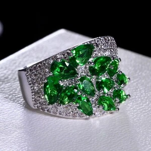 18k White Gold Filled Lab-Created Green Emerald Gemstone Cocktail Ring Gorgeous - Picture 1 of 19