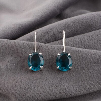 Apatite Gemstone Stud Style Hook Earrings 925 Sterling Silver Handmade Jewelry - Image 1 of 4