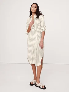Banana Republic S Cotton Poplin Asymmetrical Shirt Dress Green Stripe #743526 - Picture 1 of 11