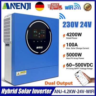 ANENJI 4.2KW Hybrid Solar Wechselrichter Off-Grid 100A MPPT 230V 24V 500V WIFI 2*Output