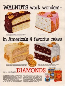 1955 Diamond Walnuts Vintage Print Ad Americas 4 Favorite Cakes Nuts Works Wonders - Bild 1 von 2