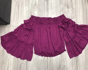 Free People schulterfreie gesmokte Bluse Top große Lagenlook Ärmel Hippie Boho S/P - Bild 1 von 4