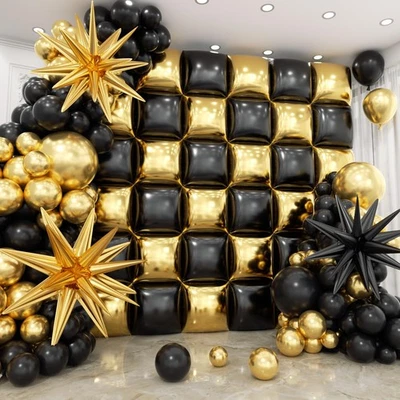 36pcs Gold and Black Square Foil Balloons Wall Backdrop with 147pcs Balloon G... - Image 1 of 4