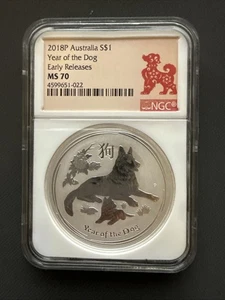 2018P Australia $1 Year of the Dog MS70 Early Releases NGC Lunar Coin - Picture 1 of 2