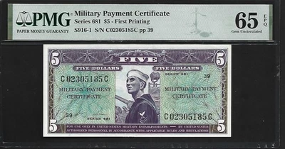 Военный платеж США $5 PMG 65 EPQ UNC серия 681 P#S916-1 первая печать - Изображение 1 из 4