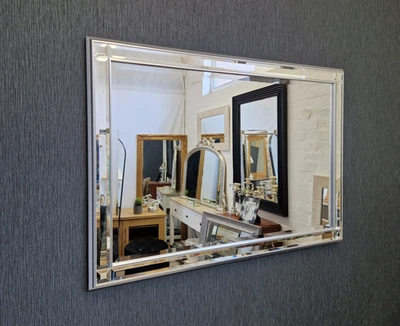 Modern Art Deco Wall Mirror Silver Frame Bevelled Strips Square Corners 106x76cm - Image 1 of 4