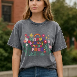 T-shirt HAPPY TO SEE YOUR FACE stampa lettere manica corta cotone top vintage - Foto 1 di 6