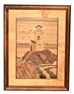 Arte de marquetería de madera enmarcado con incrustación de río Hudson "Lighthouse Rock" 10"X13" - Imagen 1 de 4
