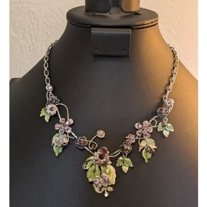 Enamel Rhinestones Wire Work Floral Silver Tone Statement Necklace - Picture 1 of 9