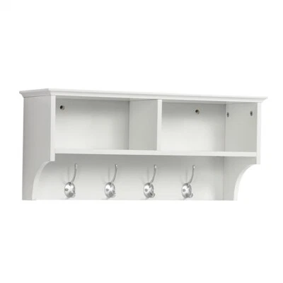 Coat Hook Wall-mounted Coat Clothes Shelf Rack w/2 Open Storages & 4 Hooks White