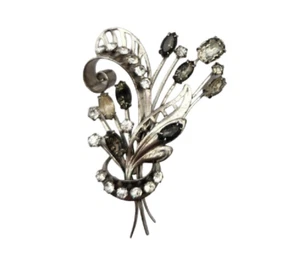 VTG Signed CA Carl Art Sterling Flower Spray Clear & Dark Rhinestone Pin Brooch - Picture 1 of 7