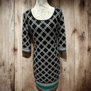 White House Black Market Dress Sz 4 Geometric Print Sheath Black Green - Picture 1 of 16