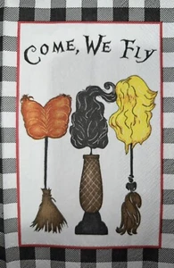 TWO Individual dinner Decoupage Napkins Hocus Pocus Buffalo Plaid “Come We Fly “ - Picture 1 of 3