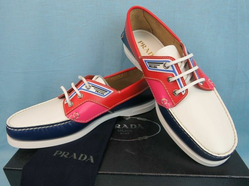 PRADA MOCASSINI LACCIATI IN PELLE COBALTO ROSSO NUOVI CON SCATOLA taglia UK 7 5