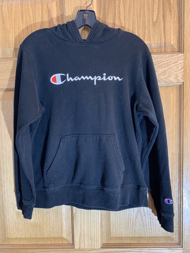 VETEMENTS Felpa con cappuccio Champion Youth XL 18 20 a maniche lunghe nera Logo ricamato