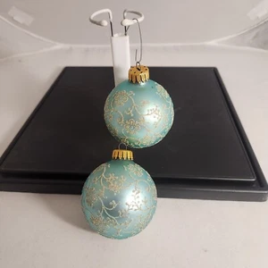 Vintage Glass Christmas Ornaments Teal Green Gold Lace Pattern Set Of 2 READ - Picture 1 of 7