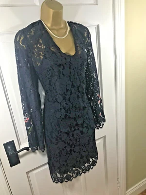 Vestido Esprit Azul Marino Floral Bordado Encaje Forrado, Reino Unido 14, Nuevo Con Etiquetas £75 Foto 1 de 4