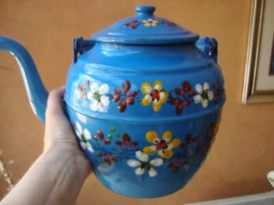 Antique French Country Hand Painted Enamel Teapot ~ Large - Picture 1 of 16
