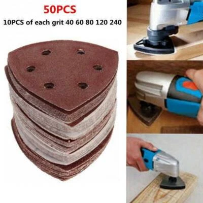 50Pcs Assorted Triangle Sanding Pads Sandpaper for Multi Tool Oscillating Loop