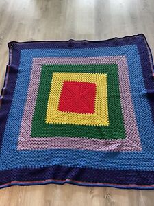Granny Square Large Blanket Afghan Crochet Bright Red, Yellow, Blue, Purple65x66