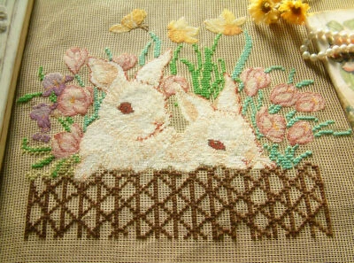 Lovely Cute Pair of White Rabbits Beautiful Flowers Needlepoint Canvas Preworked - Image 1 of 2
