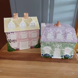 Pier 1 Hand Painted Cookie Jar House Set Design Yellow & Pink Pastel Colors - Picture 1 of 17