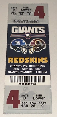 2005 Giants Washington Redskins NFL Season Ticket Stub Manning Career TD #19 - Image 1 of 2