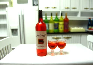 Casa de muñecas botella de vino miniatura y 2 copas de vino copa cocina bebida fiesta juguete - Imagen 1 de 11
