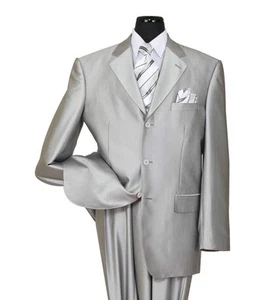 New Men's 3 Button Elegance Wool Feel Suits Shark Skin Look Silver Size 38R~60L - Picture 1 of 4