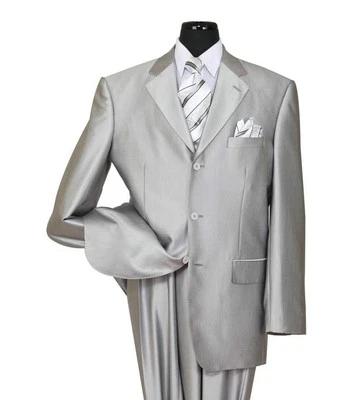 New Men's 3 Button Elegance Wool Feel Suits Shark Skin Look Silver Size 38R~60L - Image 1 of 4