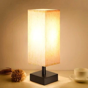 Small Bedside Table Lamp Minimalist Solid Wood Fabric Shade - Picture 1 of 9