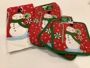 Urlaub Schneemann 4-teiliges Küchentuch-Set - Handtuch, Ofenhandschuh & Topflappen - Neu mit Etikett - Bild 1 von 4